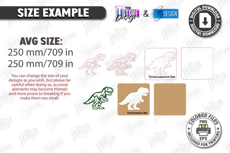 K&ouml;nnte beinhalten: Digitale Designelemente mit Dinosaurier-Illustrationen, darunter ein Tyrannosaurus Rex, in verschiedenen Stilen. Die durchschnittliche Gr&ouml;&szlig;e betr&auml;gt 250 mm. Enth&auml;lt farbige Dateien zum Drucken.