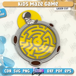 May include: A laser-cut kids' maze game with a yellow maze design and a small astronaut figure. The game is round with a gray border and brown accents. The image includes the text "Kids Maze Game" and "Digital Download".
