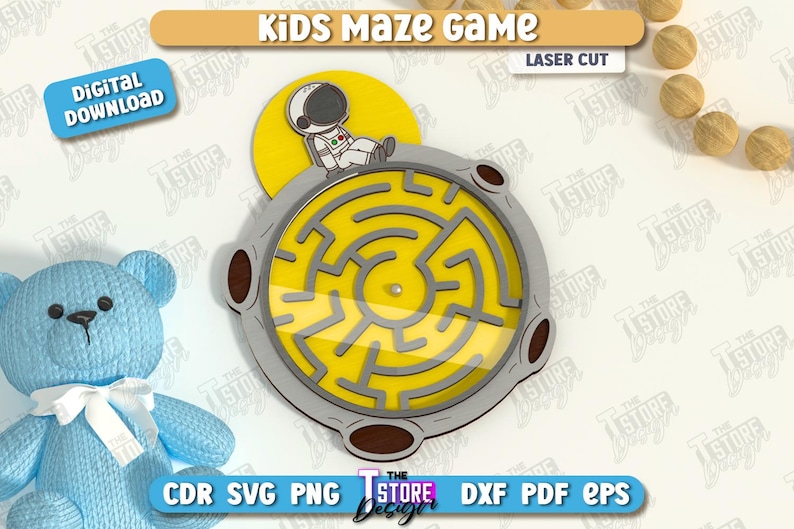 May include: A laser-cut kids' maze game with a yellow maze design and a small astronaut figure. The game is round with a gray border and brown accents. The image includes the text "Kids Maze Game" and "Digital Download".
