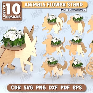 May include: Ten digital download designs for laser cut animal flower stands. Each design features a different animal, such as a fox, turtle, and monkey, with a flower pot on top. The designs are 3mm thick and 1/8 inch thick.