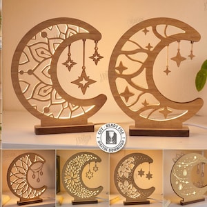 Può includere: Una collezione di dieci design di lampade in legno a forma di luna tagliate al laser, caratterizzate da motivi complessi e ornamenti a stella pendenti. Le strutture in legno chiaro sono montate su basi rettangolari scure, con alcuni design che presentano intagli floreali, geometrici o a forma di ramo. I file digitali sono compatibili con i formati CDR, SVG, PNG, DXF, PDF ed EPS per uno spessore del materiale di 3 mm.