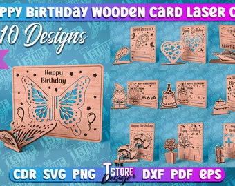 Happy Birthday Wooden Card Laser Cut SVG Bundle  | Birthday Laser Cut SVG Design | CNC Files