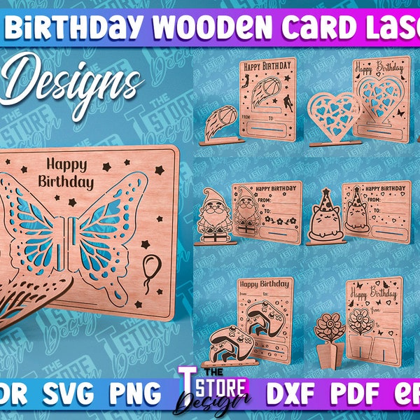 Happy Birthday Wooden Card Laser Cut SVG Bundle  | Birthday Laser Cut SVG Design | CNC Files