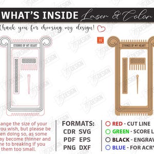 Op de afbeelding: Digitaal ontwerp voor lasersnijden, met een decoratief frame en de tekst "STRINGS OF MY HEART". Inclusief snij-, score- en graveerlijnen. Formaten: CDR, SVG, PDF, EPS, PNG, DXF. Ideaal voor knutselen.