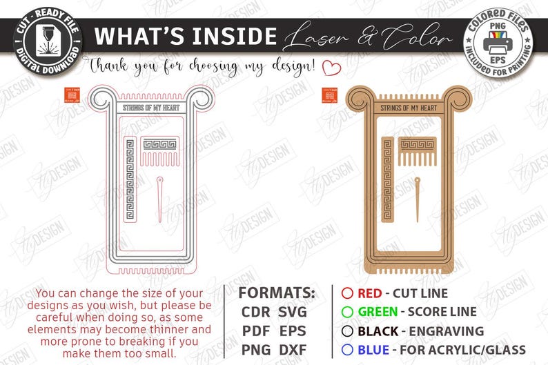 Op de afbeelding: Digitaal ontwerp voor lasersnijden, met een decoratief frame en de tekst "STRINGS OF MY HEART". Inclusief snij-, score- en graveerlijnen. Formaten: CDR, SVG, PDF, EPS, PNG, DXF. Ideaal voor knutselen.