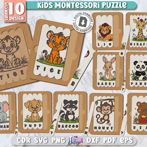 Wooden kids montessori puzzles laser cut bundle, 3D animal puzzle set, baby puzzle, children game svg, educational toy, animals puzzle board