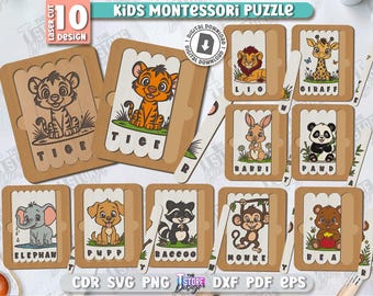 Houten montessori-puzzels voor kinderen lasergesneden bundel, 3D dierenpuzzelset, babypuzzel, kinderspel svg, educatief speelgoed, dieren puzzelbord