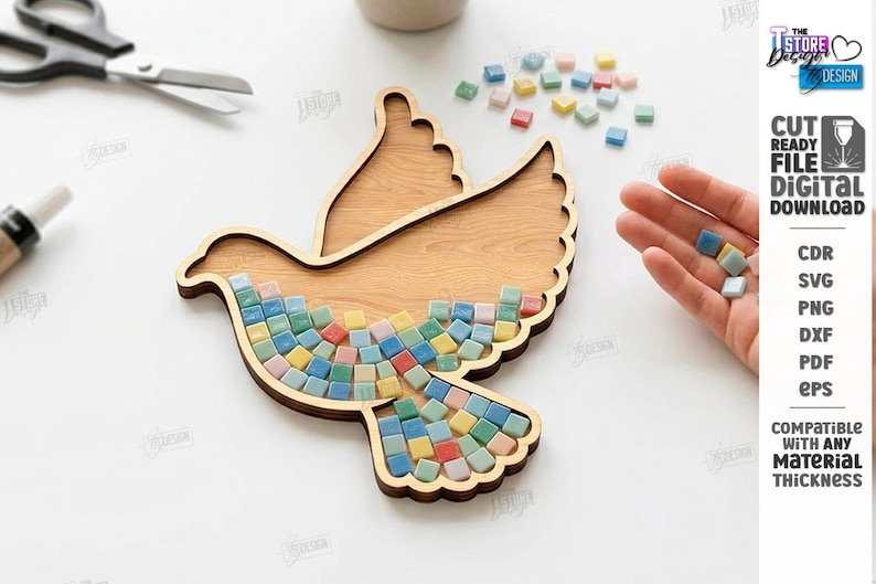 May include: A wooden dove-shaped mosaic base with colorful square tiles. The dove is made of light brown wood, and the mosaic tiles are in shades of blue, green, yellow, and red. The image also shows scissors and the text "CUT READY FILE DIGITAL DOWNLOAD".