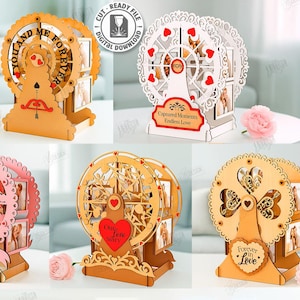 以下が含まれることがあります： レーザーカットされた木製の観覧車のフォトフレーム。各フレームには、装飾的な切り抜き、写真用のスペース、および「You and Me Forever」や「Forever Love」などのロマンチックなフレーズがあります。