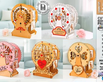 3d wooden Ferris wheel photo frame laser cut, carousel svg, shelf sitters, Valentine's day Ferris wheel photo display, photo frame collage