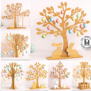 May include: Wooden Easter tree designs with laser-cut details. The trees are decorated with colorful eggs, butterflies, and flowers. The image includes the text "10 Designs", "Cut Ready File", and "Material Width: 3MM".