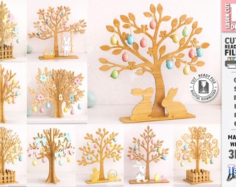 3D Osterbäume Laser Cut Bundle, Ostereier Baum Kantensitzer, Happy Easter Stand svg, freistehender Baum, Bauernhaus Dekor