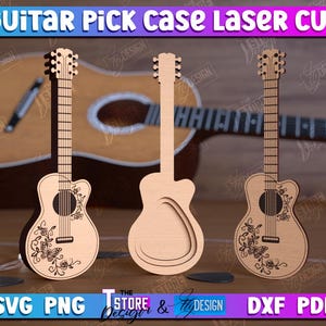 May include: Three laser cut wooden guitar pick cases. The cases are shaped like guitars and have intricate floral designs. The cases are ready to be assembled.