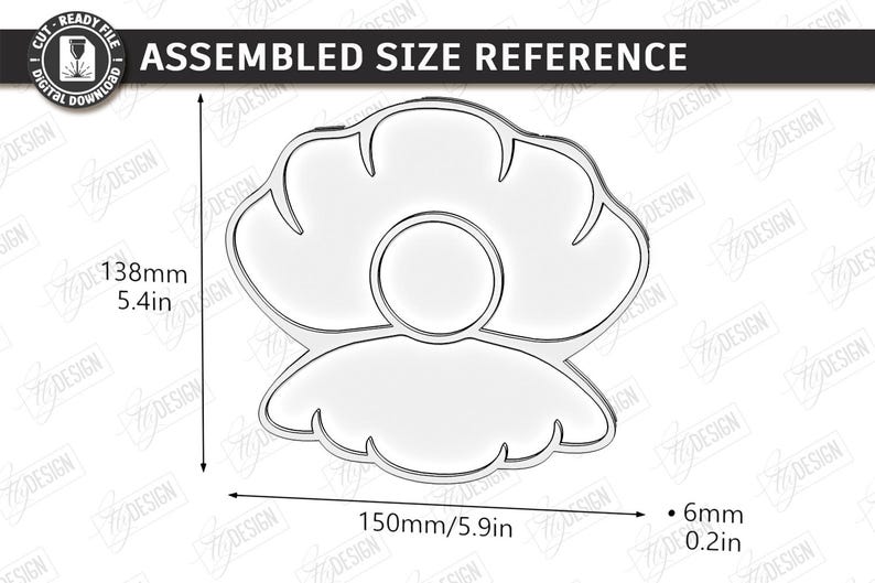 May include: A white, stylized flower-shaped design with dimensions labeled. The assembled size is 138mm (5.4 inches) high, 150mm (5.9 inches) wide, and 6mm (0.2 inches) thick. The image includes the text "ASSEMBLED SIZE REFERENCE".