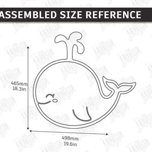 May include: Line drawing of a whale with dimensions. The whale outline is 19.6 inches long and 18.3 inches tall. The text "ASSEMBLED SIZE REFERENCE" is at the top.