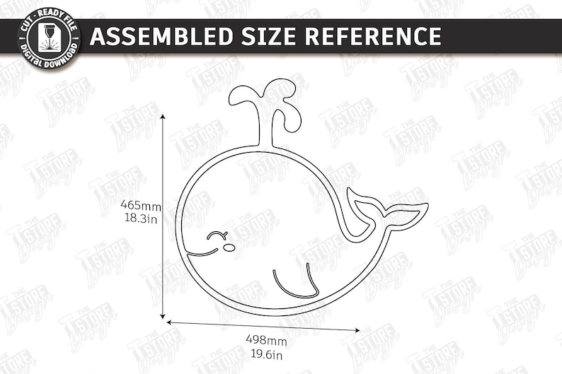 May include: Line drawing of a whale with dimensions. The whale outline is 19.6 inches long and 18.3 inches tall. The text "ASSEMBLED SIZE REFERENCE" is at the top.
