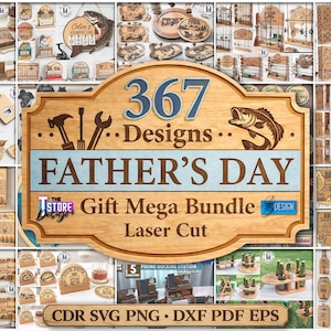 Op de afbeelding: Een houten bord met de tekst "367 Designs FATHER'S DAY Gift Mega Bundle Laser Cut". De afbeelding toont diverse lasergesneden houten cadeaus, waaronder borden, sleutelhangers en flesopeners, perfect voor Vaderdag.