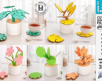 Posavasos con forma de hoja (SVG) - Posavasos de madera cortados con láser - Juego de posavasos apilables con diseño de plantas Glowforge - Posavasos con diseño de naturaleza