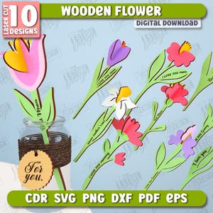 Wooden Flowers Laser Cut Bundle, 3D Flowers Laser Cut, Flower Bouquet for Mom SVG, Gift for Mom SVG, Botanical Laser Cut, Eternal Flowers