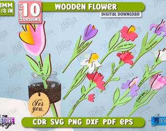 Wooden Flowers Laser Cut Bundle, 3D Flowers Laser Cut, Flower Bouquet for Mom SVG, Gift for Mom SVG, Botanical Laser Cut, Eternal Flowers
