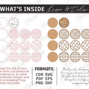 May include: Digital design elements for laser cutting, featuring various circular patterns and designs. Includes text "WHAT'S INSIDE Laser & Color" and file format options. The image also contains the text "You can change the size of your designs as you wish..."