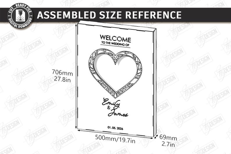 May include: A white wedding sign with a heart-shaped cutout, measuring 27.8 inches high, 19.7 inches wide, and 2.7 inches deep. The sign includes the text "Welcome to the Wedding of" and the names "Emily & James" with the date 01.05.2026.