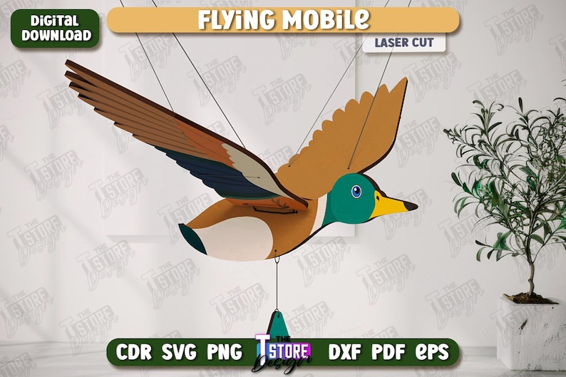 May include: A wooden flying mobile in the shape of a duck, with brown, tan, green, and blue coloring. The mobile is suspended by strings and features the text "FLYING MOBILE" and "LASER CUT". The image also includes the text "AGEN TOTO MACAU DOWNLOAD" and file type options.