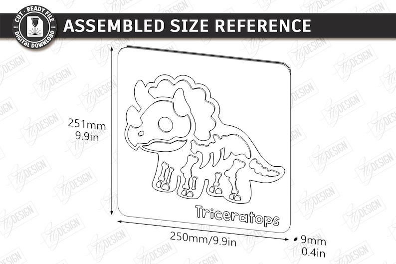 K&ouml;nnte beinhalten: Eine Schwarz-Wei&szlig;-Strichzeichnung eines Triceratops-Dinosauriers. Die zusammengebaute Gr&ouml;&szlig;e betr&auml;gt 251 mm x 250 mm und ist 9 mm dick. Der Text "Triceratops" befindet sich unter dem Dinosaurier.