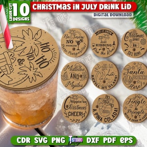 May include: A drink lid with a red and white striped straw, featuring laser-cut designs. The lid has the text "Aloha & Ho Ho" and is part of a set of 10 Christmas-themed designs. The image also includes a glass of a beverage.