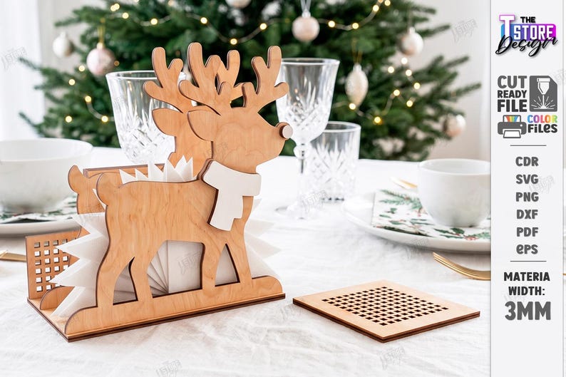 May include: A light-colored wooden napkin holder shaped like a reindeer with a white scarf, featuring a grid-patterned side panel. Beside it lies a square wooden coaster with a matching grid cutout design, both crafted from 3mm thick material.