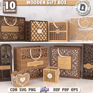 3d wooden gift boxes laser cut bundle, personalized gift boxes svg, wooden storage basket svg, wine bottle holder svg, floral boxes svg