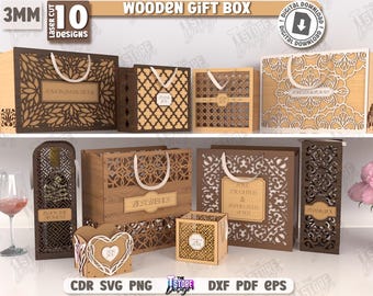 Paquete de cajas de regalo de madera 3D cortadas con láser, cajas de regalo personalizadas SVG, cesta de almacenamiento de madera SVG, portabotellas de vino SVG, cajas florales SVG