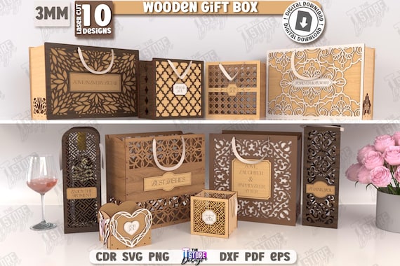 3d wooden gift boxes laser cut bundle, personalized gift boxes svg, wooden storage basket svg, wine bottle holder svg, floral boxes svg