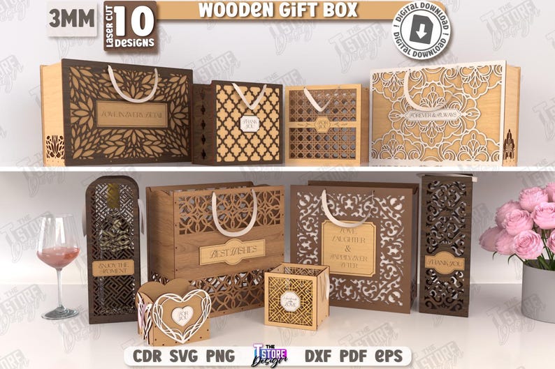 May include: A collection of laser-cut wooden gift boxes and decorative items. The designs include various shapes and patterns, such as floral and geometric cutouts. Some boxes have handles, and others feature labels. The image includes the text "WOODEN GIFT BOX".