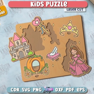 May include: Wooden princess-themed puzzle with laser-cut pieces. The puzzle includes a castle, carriage, princess, crown, wand, and shoe. The puzzle is labeled "Kids Puzzle" and "Digital Download".