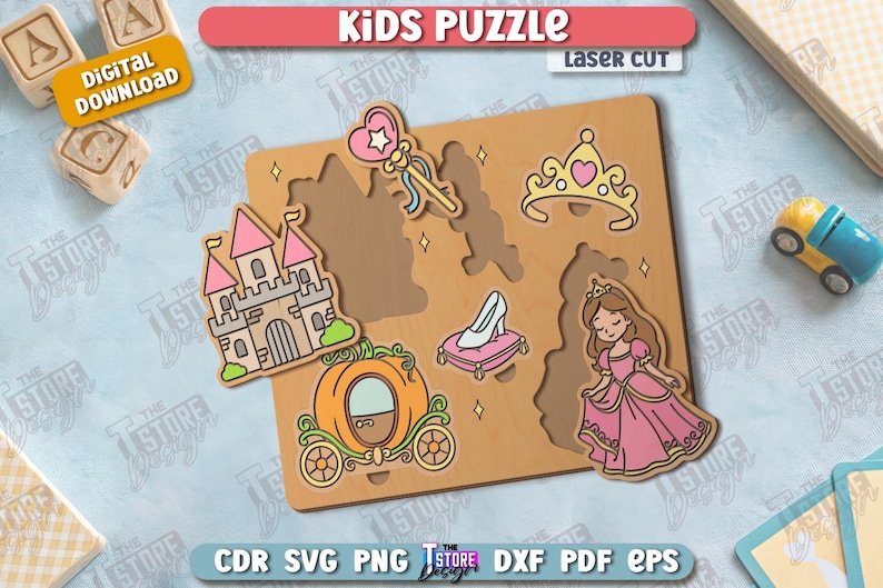 May include: Wooden princess-themed puzzle with laser-cut pieces. The puzzle includes a castle, carriage, princess, crown, wand, and shoe. The puzzle is labeled "Kids Puzzle" and "Digital Download".
