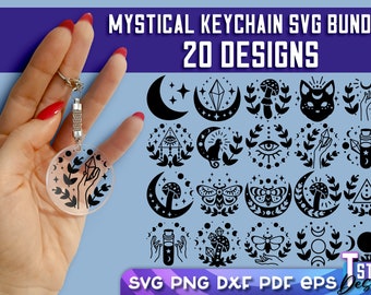 May include: A set of 20 mystical keychain SVG designs featuring moon phases, crystals, mushrooms, moths, and other magical elements. The designs are black and white and perfect for crafting.