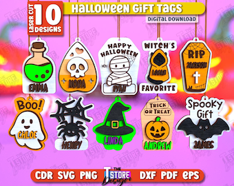 3D Halloween-cadeaulabels lasergesneden bundel, spookachtig cadeaulabel lasergesneden, Happy Halloween-citaten svg, gepersonaliseerde mandtags, Halloween-naamplaatje