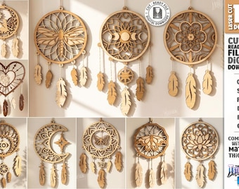Arquivo SVG de Apanhador de Sonhos - Decoração de Parede Cortada a Laser - Apanhador de Sonhos Mandala Boho - Decoração de Pena para Pendurar - Arquivo SVG para Glowforge