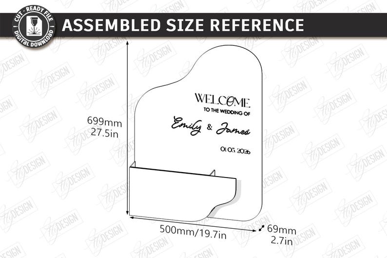 May include: A white wedding sign with the text "WELCOME TO THE WEDDING OF Emily & James" and the date 01.05.2036. The sign is 27.5 inches tall, 19.7 inches wide, and 2.7 inches deep.
