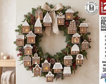 Christmas Village Ornaments SVG - Laser Cut Advent Wreath Houses - Wooden Christmas House Ornament Bundle - Holiday Wreath Decor svg