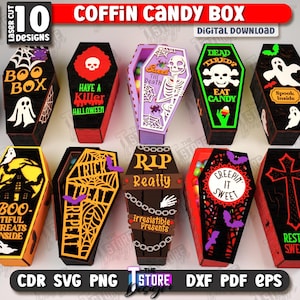 May include: Ten laser-cut coffin-shaped candy boxes with Halloween designs. Each box has unique graphics and text, including ghosts, skulls, and spiderwebs. The boxes are in various colours, with a pumpkin and sweets scattered around.