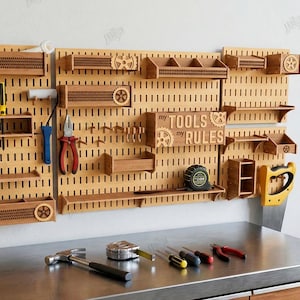 May include: Wooden pegboard with various tools and storage shelves. The pegboard features a "My Tools My Rules" sign and decorative gear accents. Includes a hammer, tape measure, screwdrivers, and pliers. The material width is 4mm.