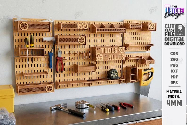 May include: Wooden pegboard with various tools and storage shelves. The pegboard features a "My Tools My Rules" sign and decorative gear accents. Includes a hammer, tape measure, screwdrivers, and pliers. The material width is 4mm.