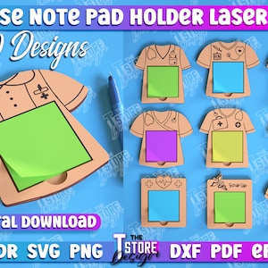 Puede incluir: Diez diseños digitales para porta bloc de notas para enfermeras cortados con láser. Los diseños presentan una variedad de imágenes con temática de enfermería, incluyendo un estetoscopio, un corazón y una cruz. Los diseños están disponibles en formatos SVG, PNG, DXF, PDF y EPS.