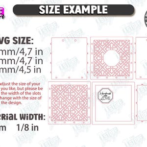 May include: A digital download image with size examples and material width details. The average sizes are 4.7 inches, 4.7 inches, and 4.5 inches. The material width is 1/8 inch. The image includes the text "Handmade with Love."
