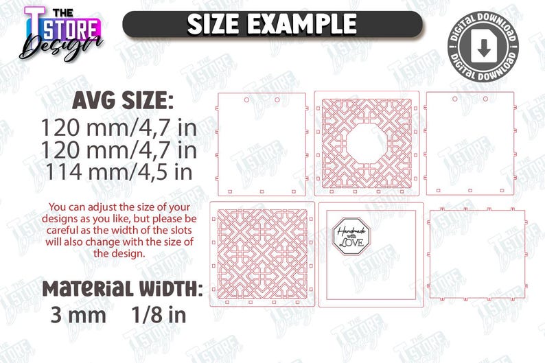 May include: A digital download image with size examples and material width details. The average sizes are 4.7 inches, 4.7 inches, and 4.5 inches. The material width is 1/8 inch. The image includes the text "Handmade with Love."