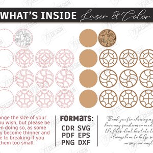 May include: Digital design elements for laser cutting, featuring various circular patterns and floral designs. The image includes the text "WHAT'S INSIDE Laser & Color" and file format options. The design is available in CDR, SVG, PDF, EPS, PNG, and DXF formats.