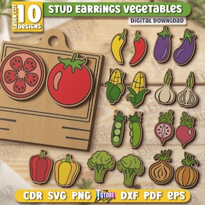 May include: Wooden laser-cut stud earrings in various vegetable designs. Includes tomatoes, peppers, broccoli, corn, and more. The earrings are colorful and have a digital download option. The text "STUD EARRINGS VEGETABLES" is visible.