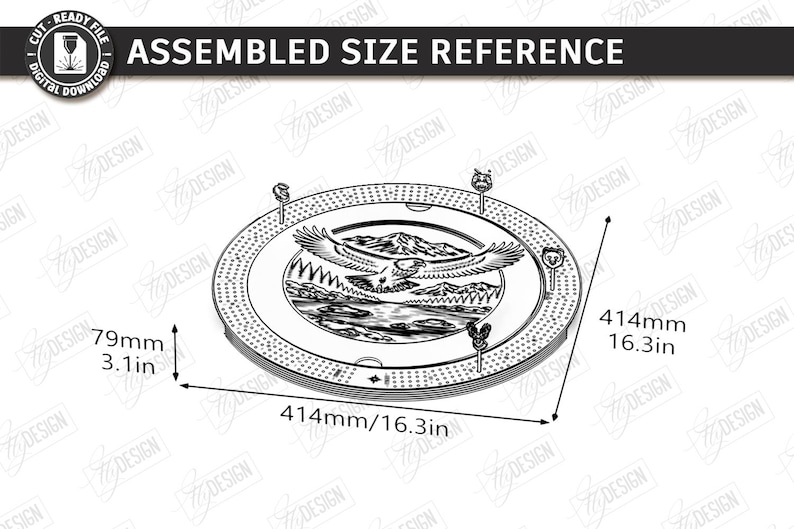 K&ouml;nnte beinhalten: Ein kreisf&ouml;rmiges Dekorationselement mit einem Adler, Bergen und Wasser. Der Durchmesser betr&auml;gt 414 mm, die H&ouml;he 79 mm. Der Text "ASSEMBLED SIZE REFERENCE" befindet sich oben.